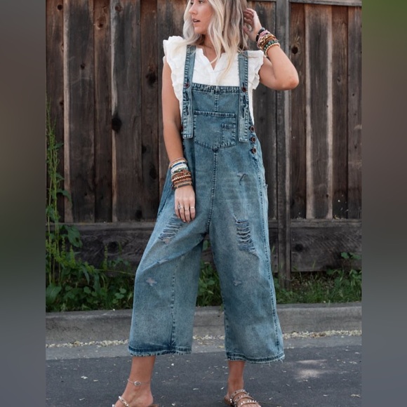 Three Bird Nest Distressed Blue Denim Overalls - Picture 3 of 9